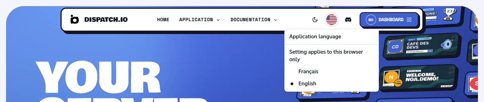 Application language menu opened from the flag in the top menu, with the Français and English options