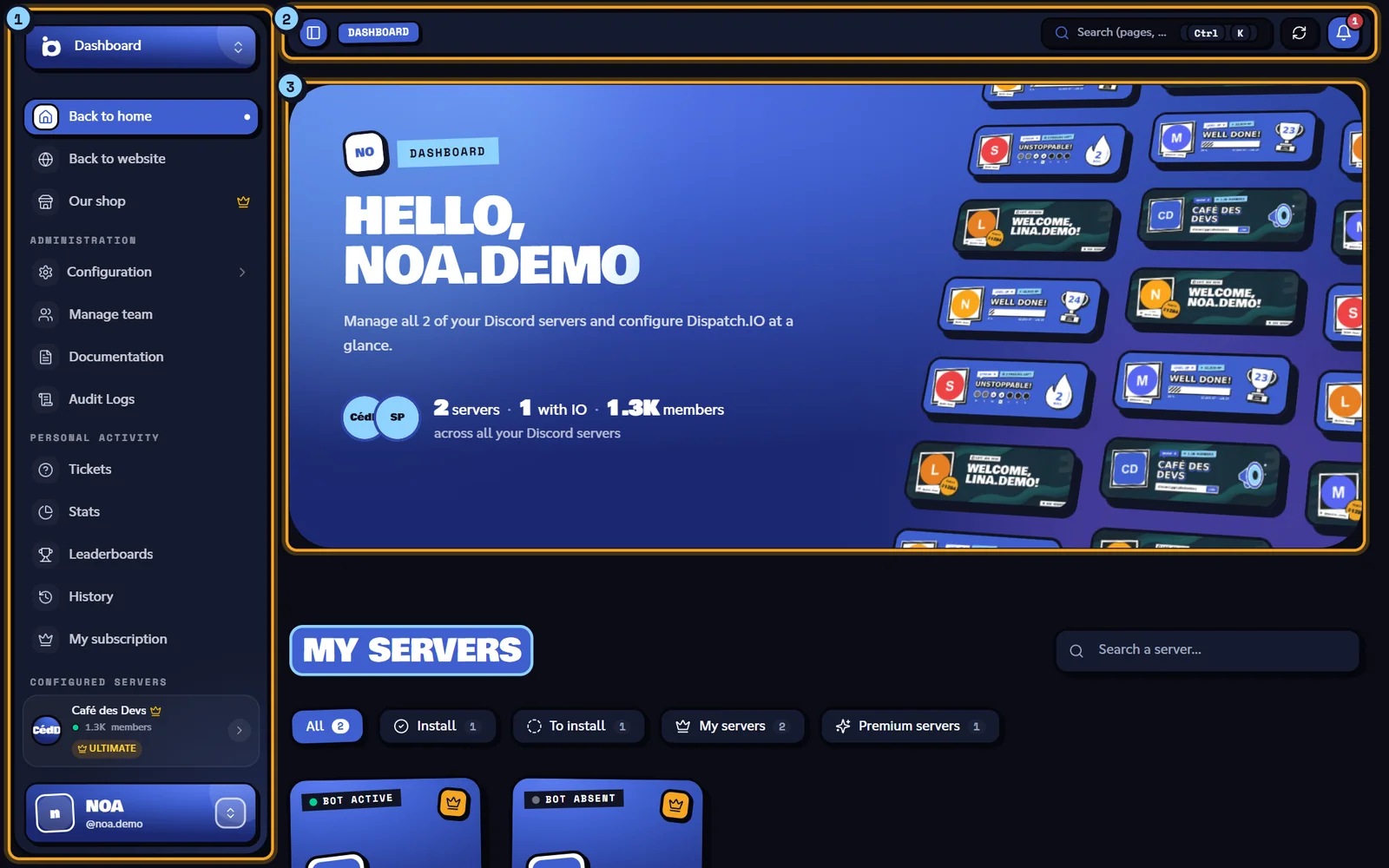 Noa's dashboard with the sidebar, the top bar and the page content