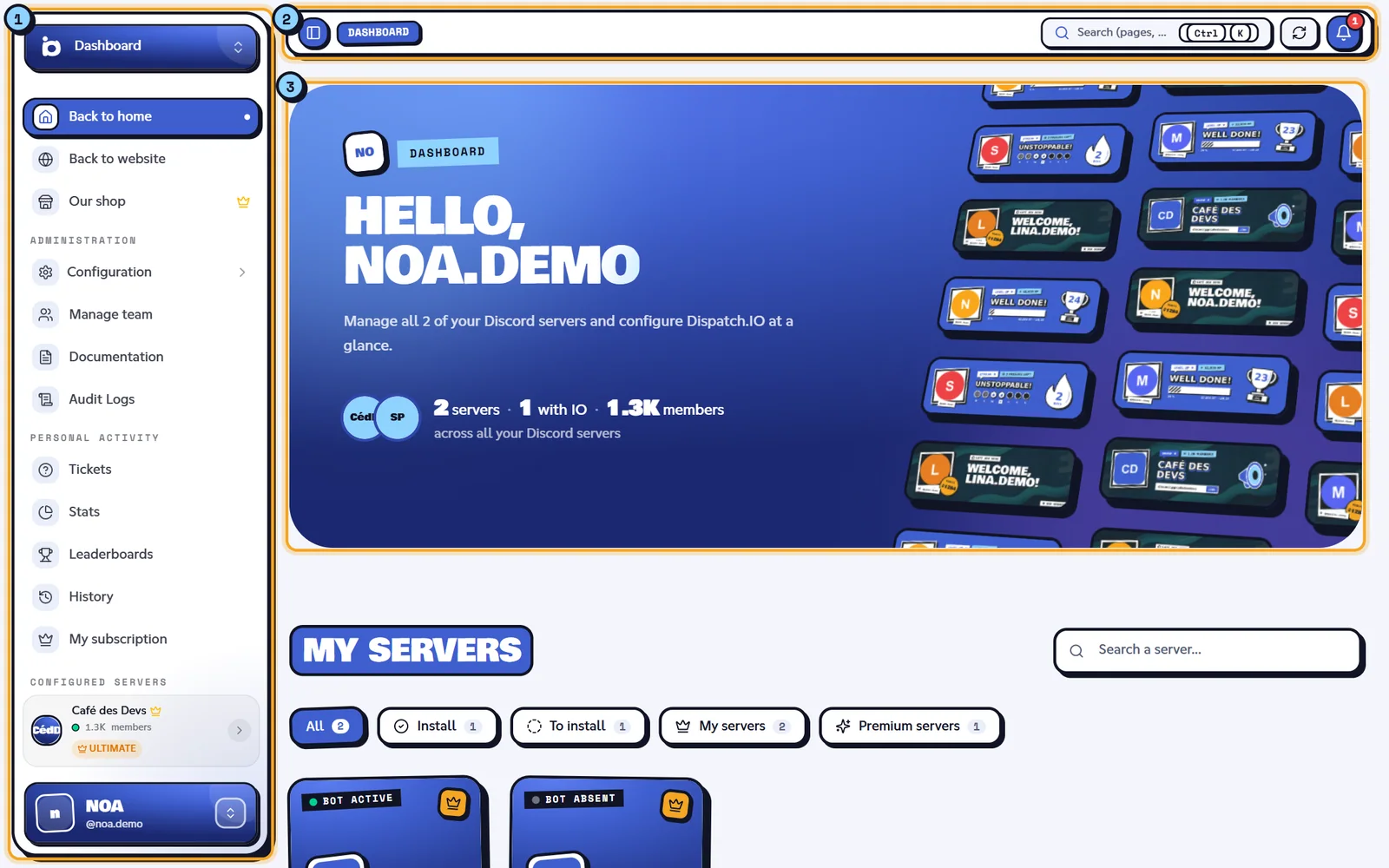 Noa's dashboard with the sidebar, the top bar and the page content