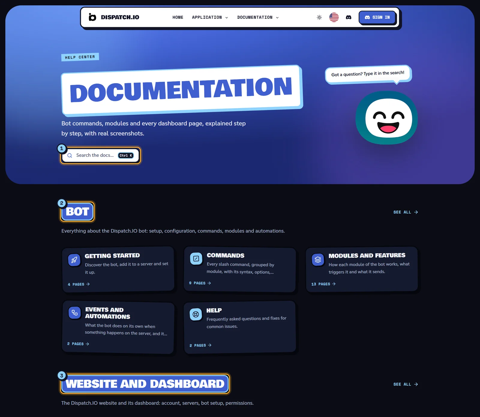 Documentation home with the search field and the two spaces