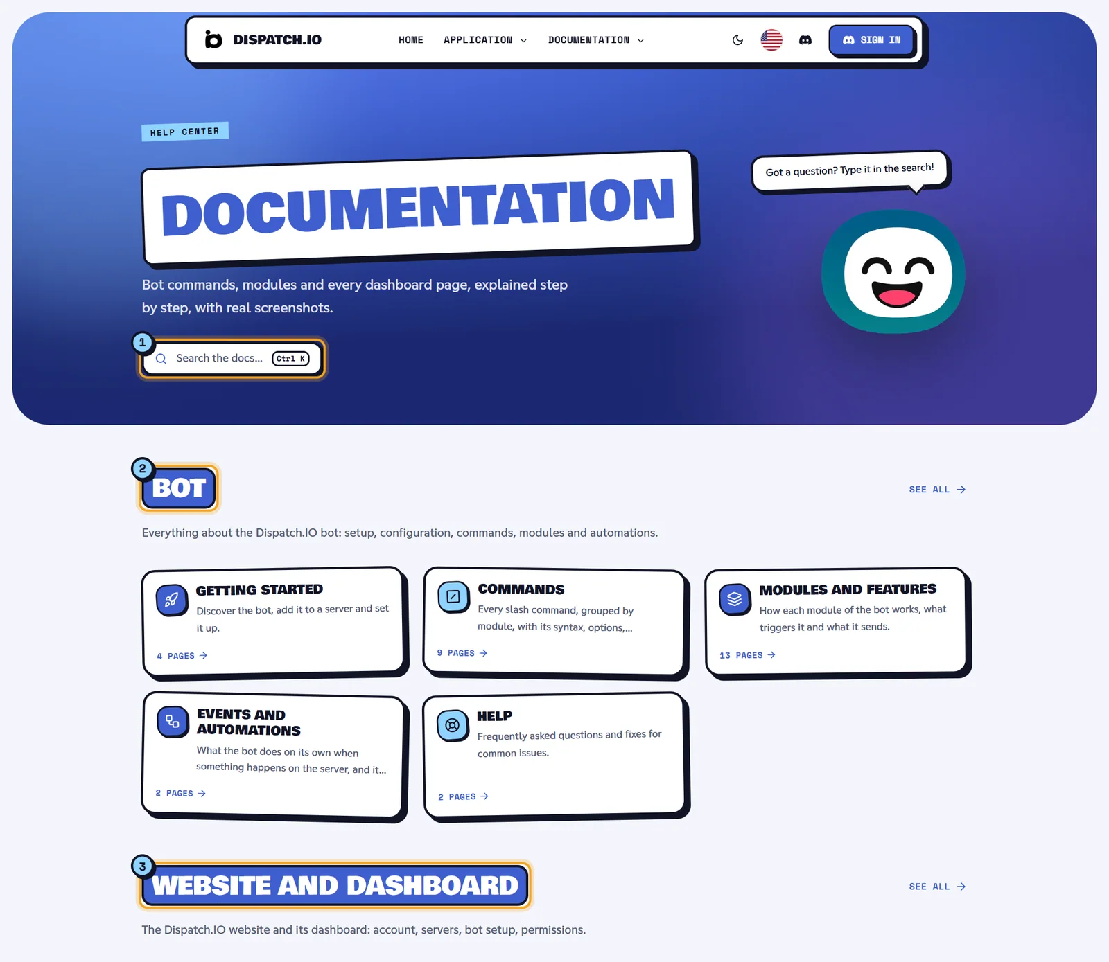 Documentation home with the search field and the two spaces