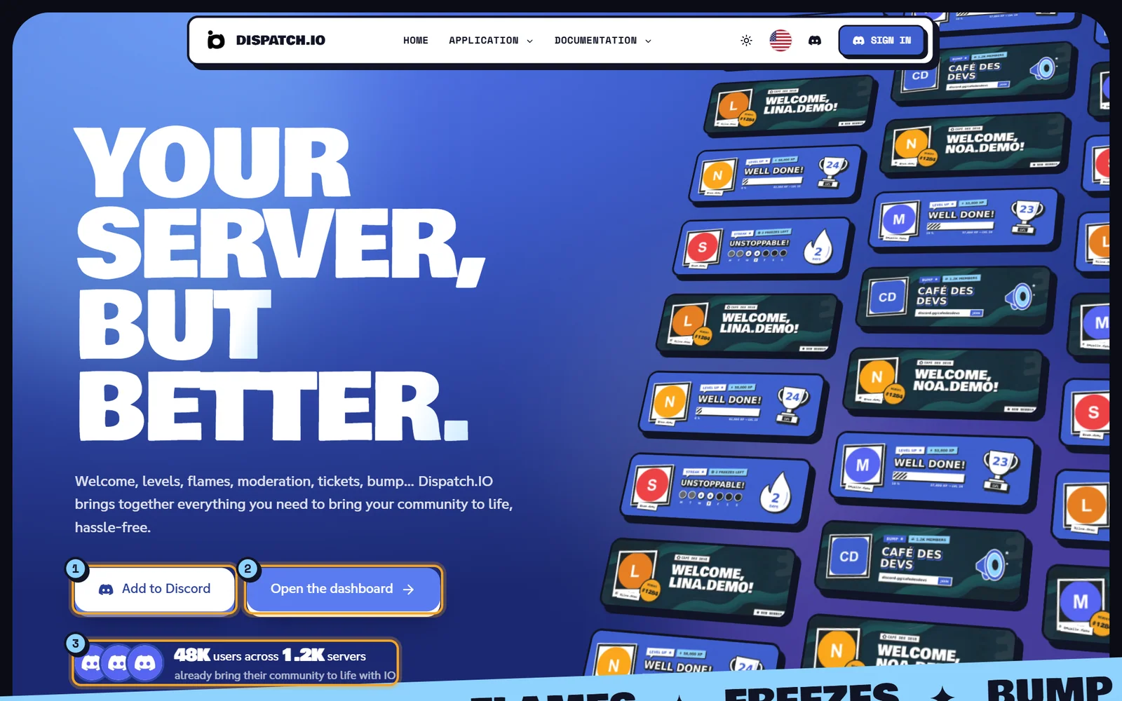Top of the Dispatch.IO home page with the title, both buttons and the user counter