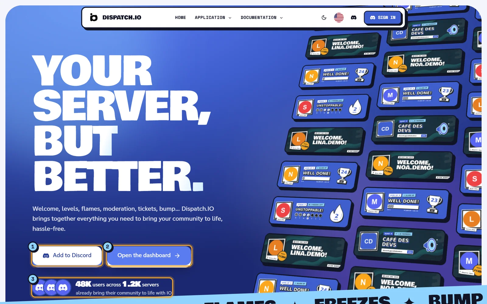 Top of the Dispatch.IO home page with the title, both buttons and the user counter