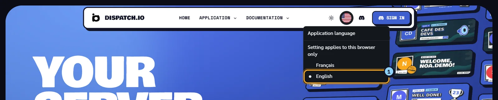Application language menu open with the Français and English options