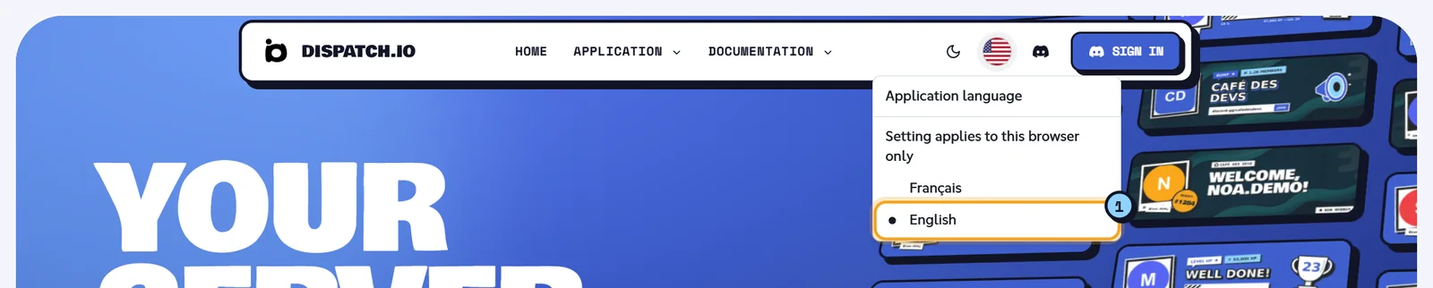 Application language menu open with the Français and English options
