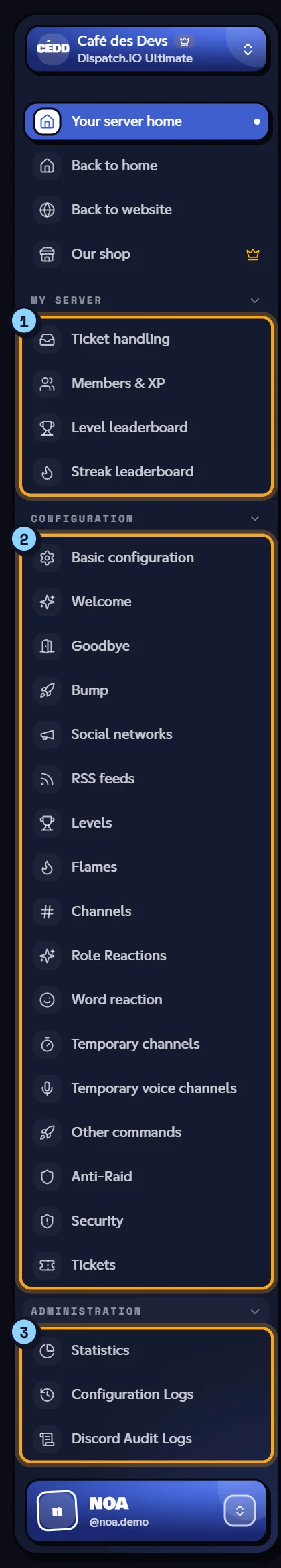 A server's menu: My server, Configuration and Administration. Server dashboard menu with its three groups