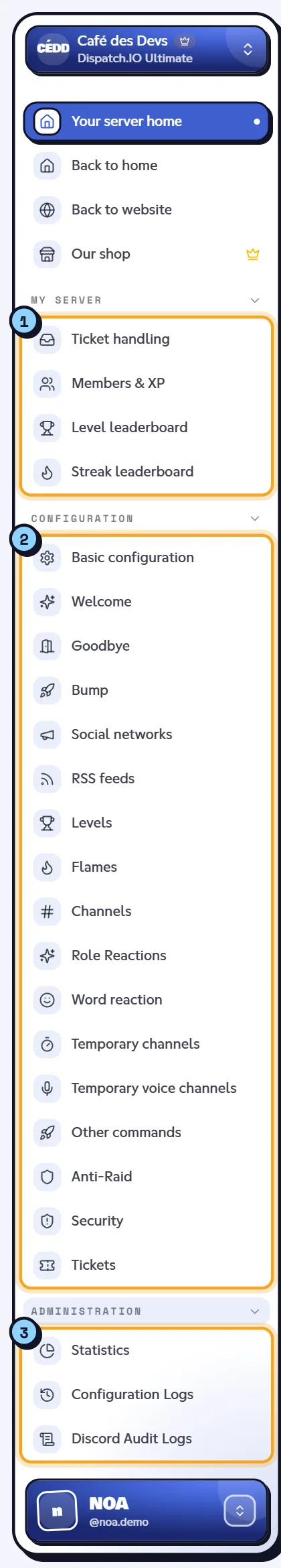 A server's menu: My server, Configuration and Administration. Server dashboard menu with its three groups