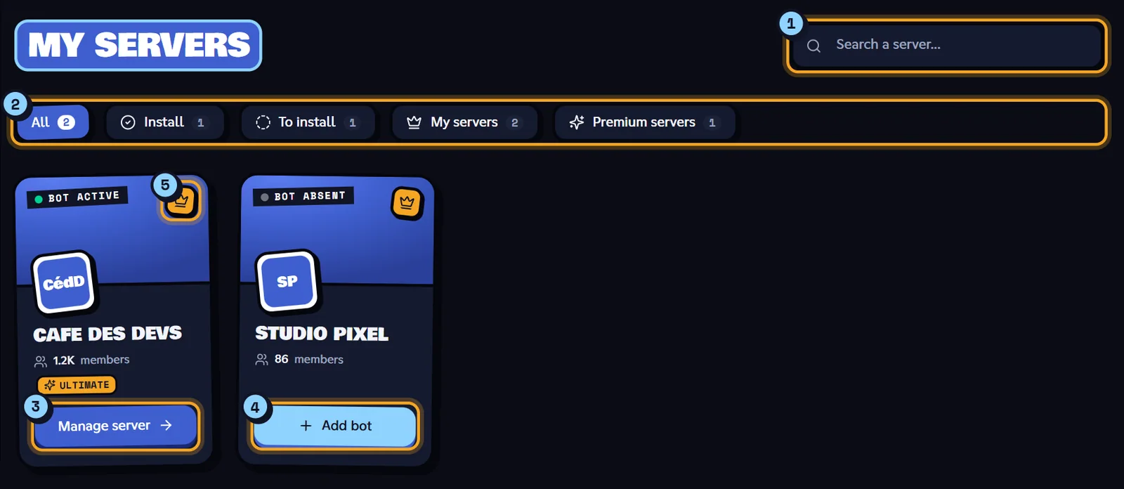 My servers section of the dashboard with a Bot absent card and its Add bot button