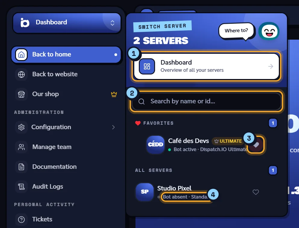 Switch server menu open at the top of the sidebar