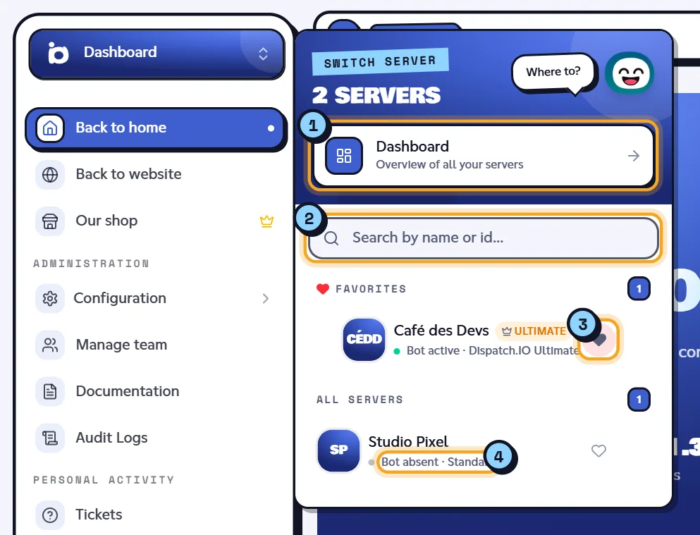 Switch server menu open at the top of the sidebar