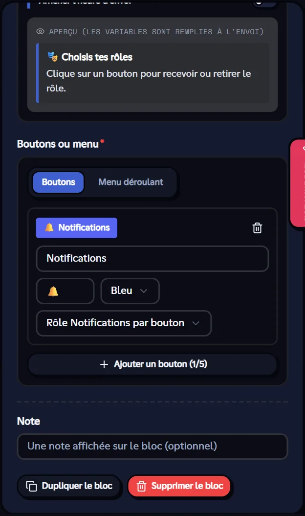 Les boutons d'une action Message avec boutons. Réglage d'un message avec boutons