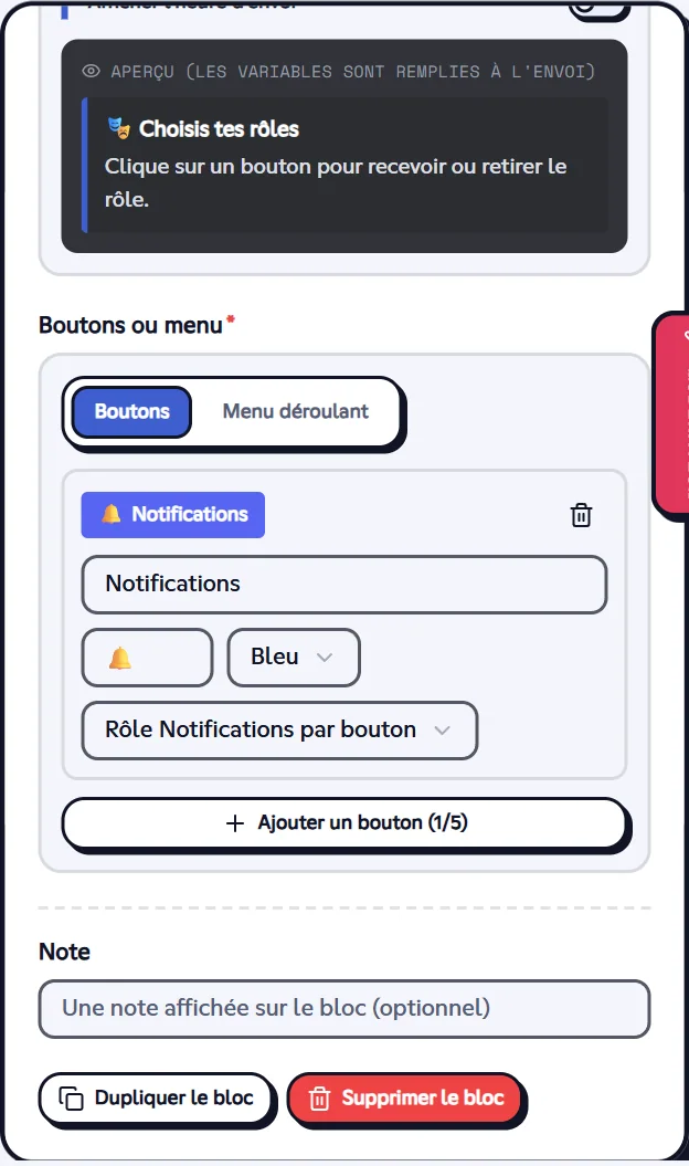 Les boutons d'une action Message avec boutons. Réglage d'un message avec boutons