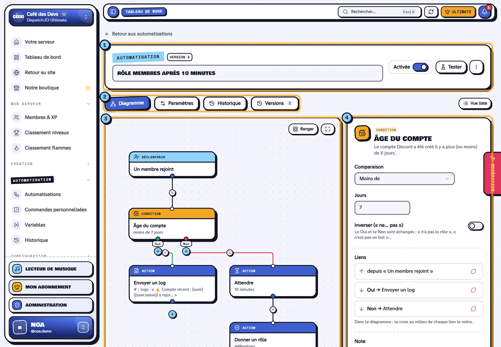 Éditeur d'automatisation en diagramme, un bloc sélectionné