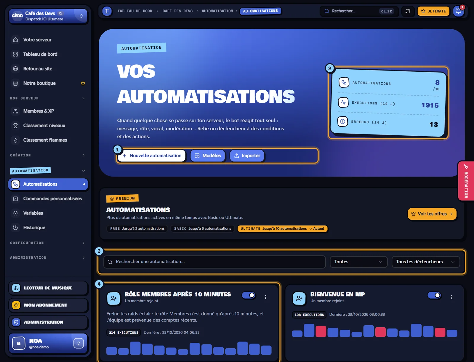 La page Automatisations. Liste des automatisations du serveur Café des Devs