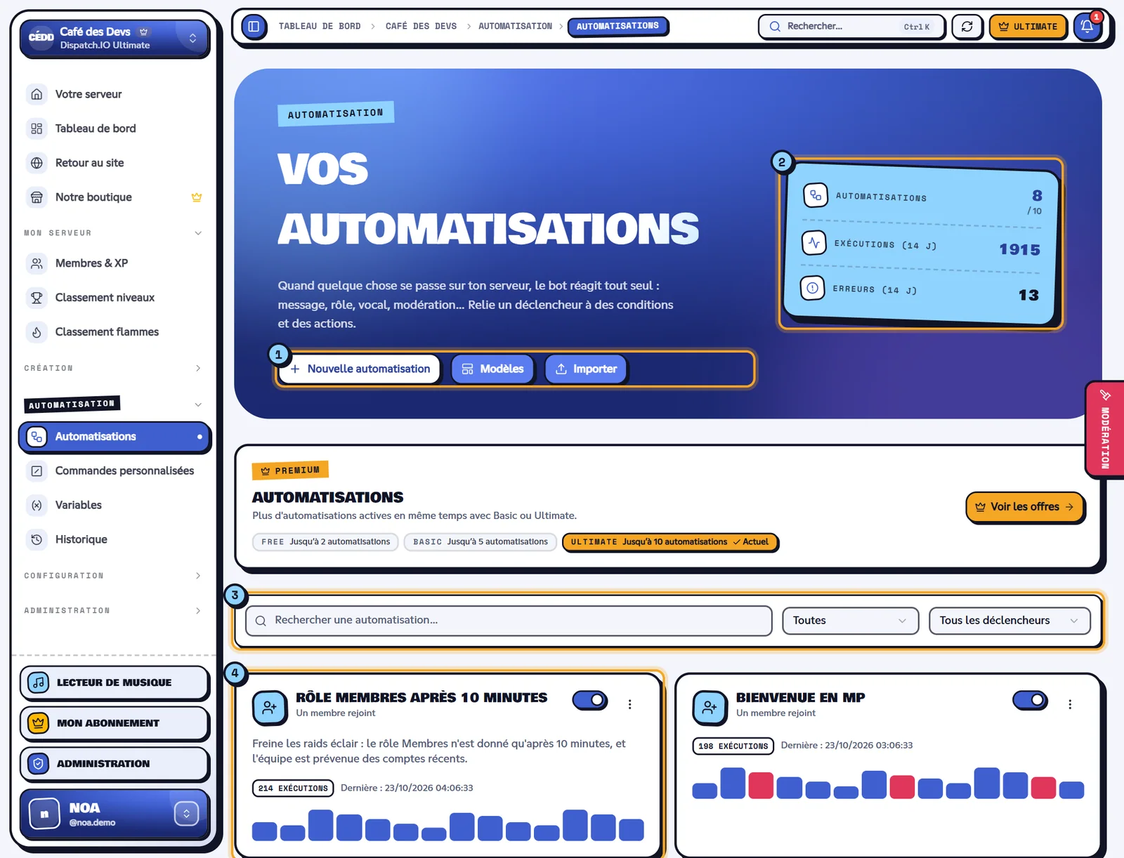 La page Automatisations. Liste des automatisations du serveur Café des Devs