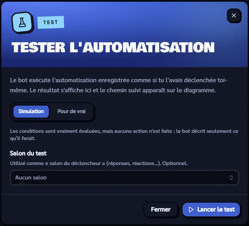 Fenêtre de test d'une automatisation