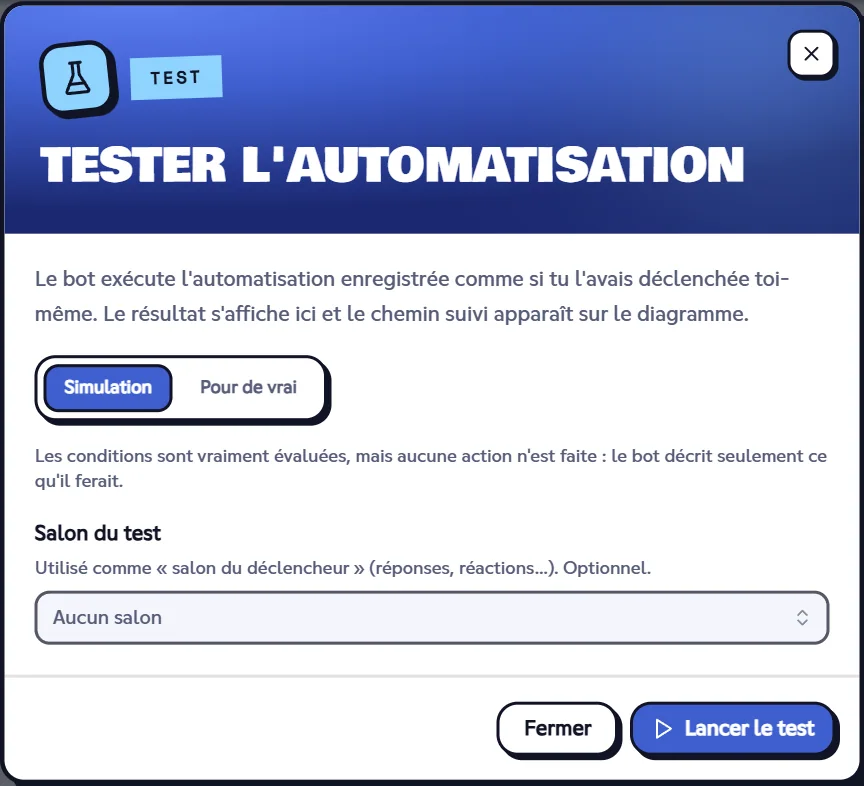 Fenêtre de test d'une automatisation