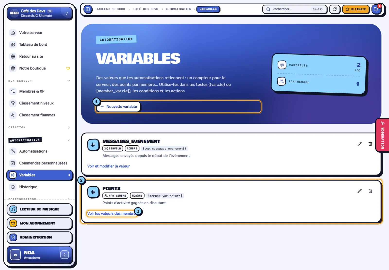Page Variables avec une variable de points par membre