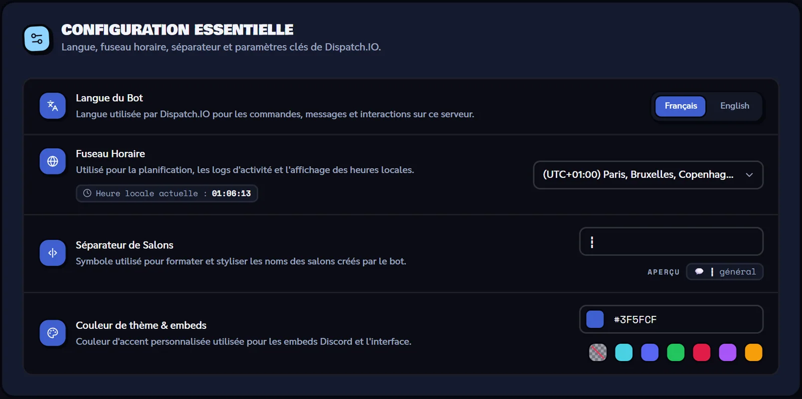 La page Configuration de base du site : langue, fuseau horaire, séparateur et couleur, comme dans /config. Page Configuration de base du tableau de bord