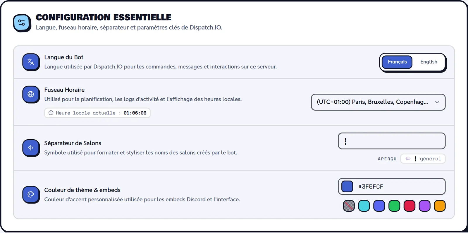 La page Configuration de base du site : langue, fuseau horaire, séparateur et couleur, comme dans /config. Page Configuration de base du tableau de bord