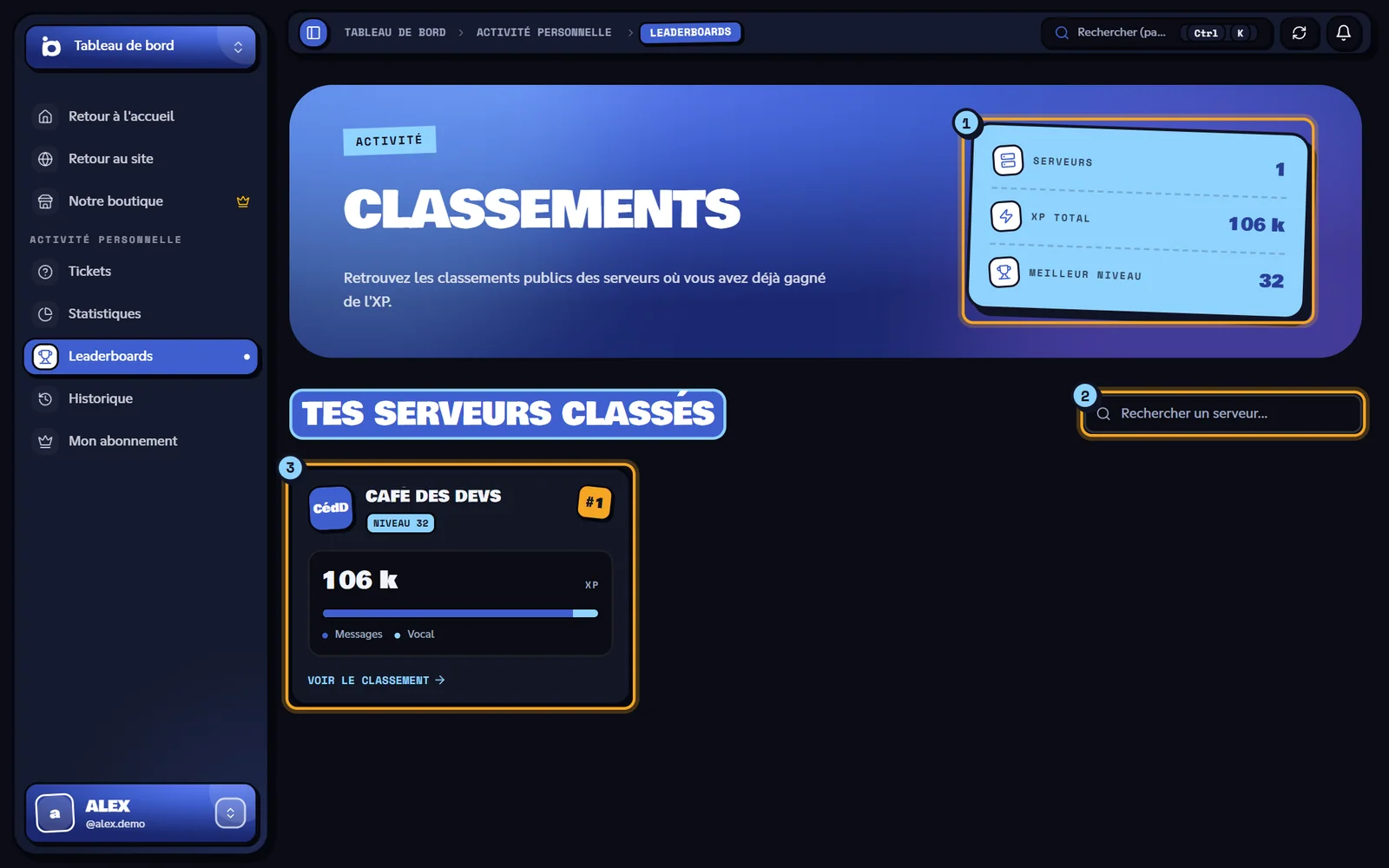 Page Classements avec les compteurs et les cartes de serveurs