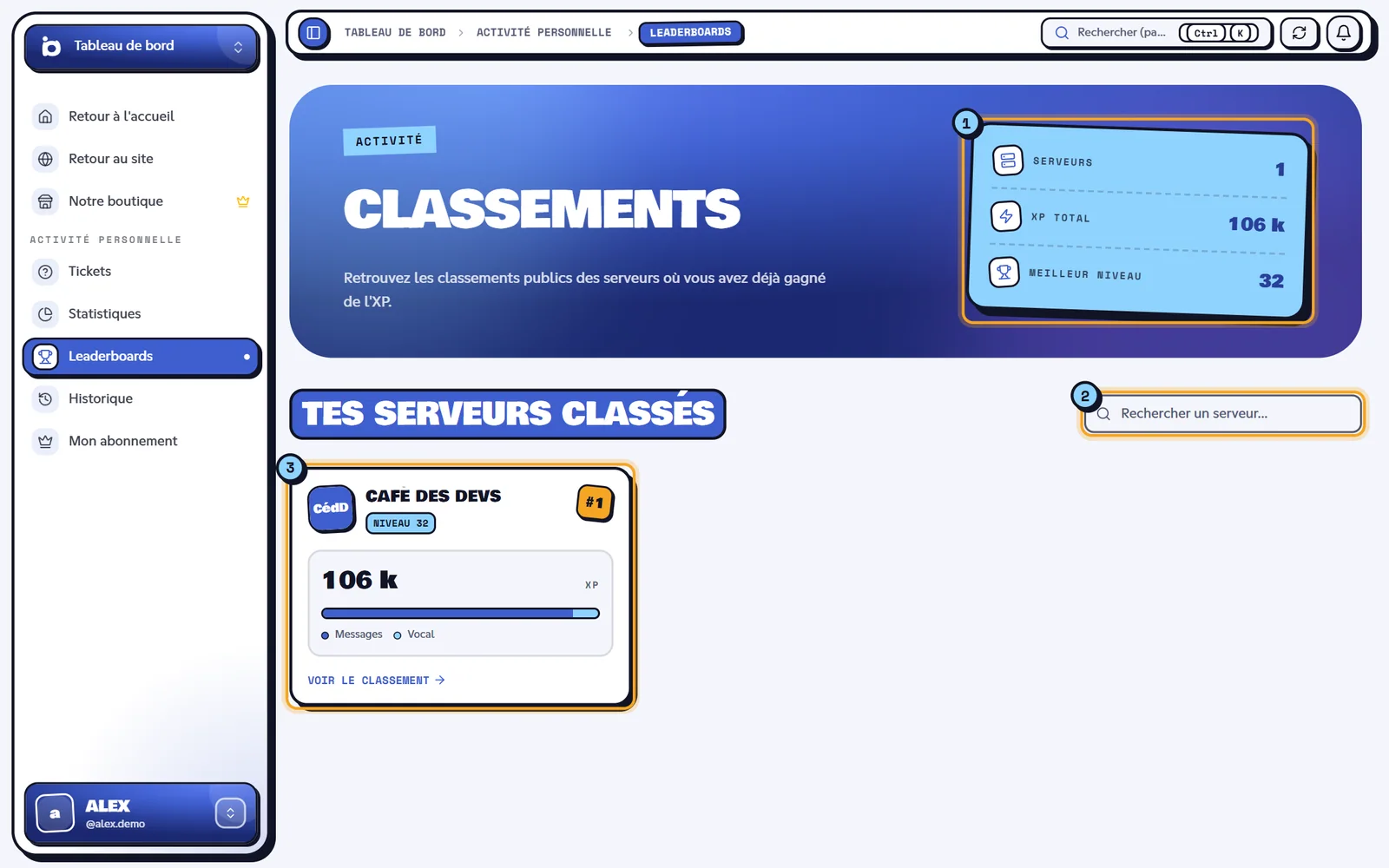Page Classements avec les compteurs et les cartes de serveurs