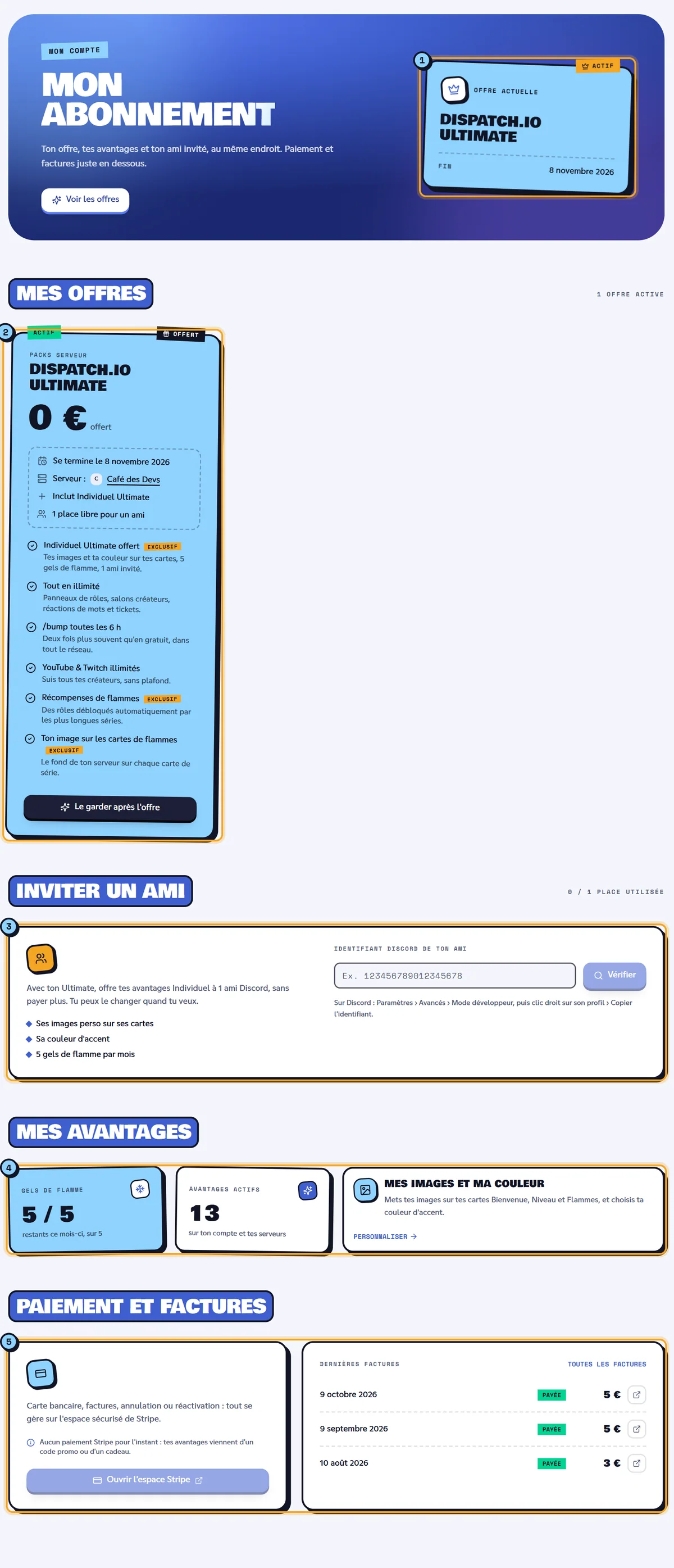 Page Mon abonnement avec l'offre actuelle, les offres, l'ami invité, les avantages et les factures