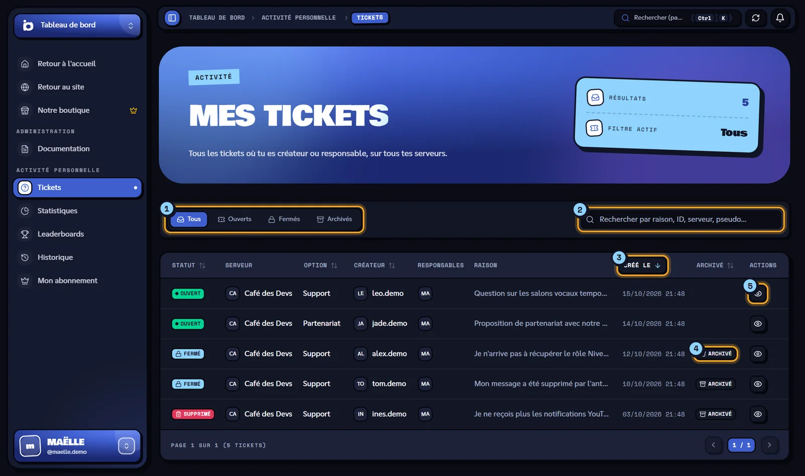 Liste Mes tickets avec les filtres, la recherche et le tableau