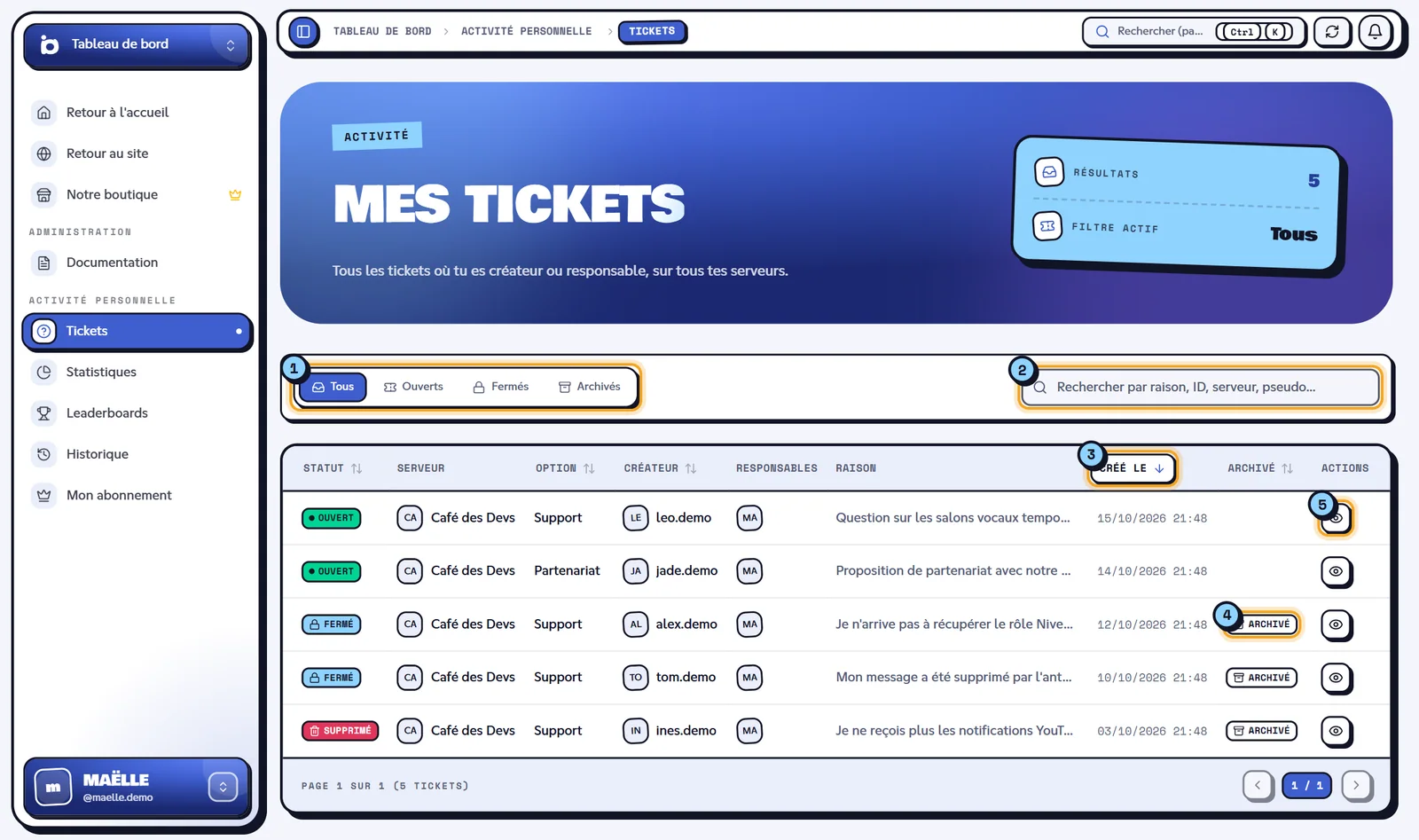 Liste Mes tickets avec les filtres, la recherche et le tableau