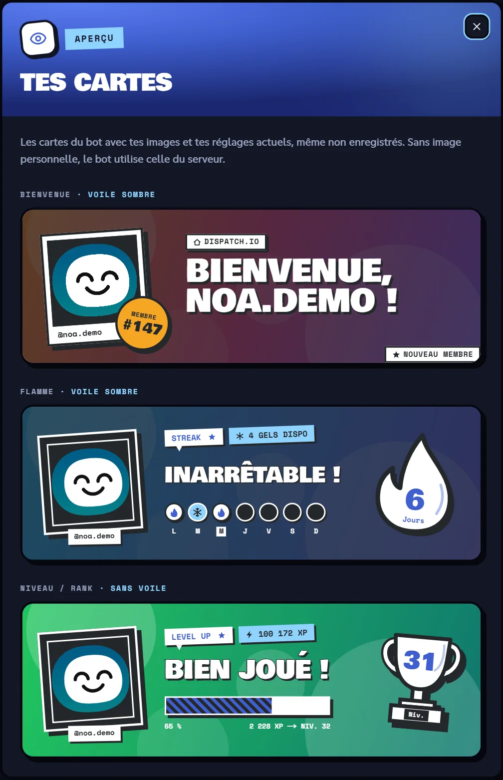 La fenêtre d'aperçu : les trois cartes avec tes images, et sous chacune l'état du voile. Fenêtre Tes cartes avec l'aperçu des cartes Bienvenue, Flamme et Niveau