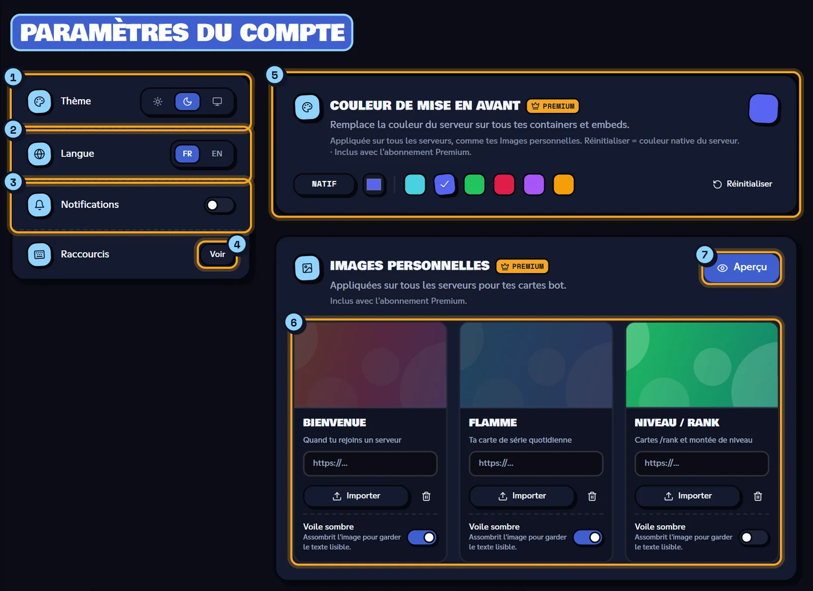 Paramètres du compte : Thème (1), Langue (2), Notifications (3), Raccourcis (4), Couleur de mise en avant (5), Images personnelles (6) et le bouton Aperçu (7). Section Paramètres du compte avec les préférences, la couleur de mise en avant et les images personnelles