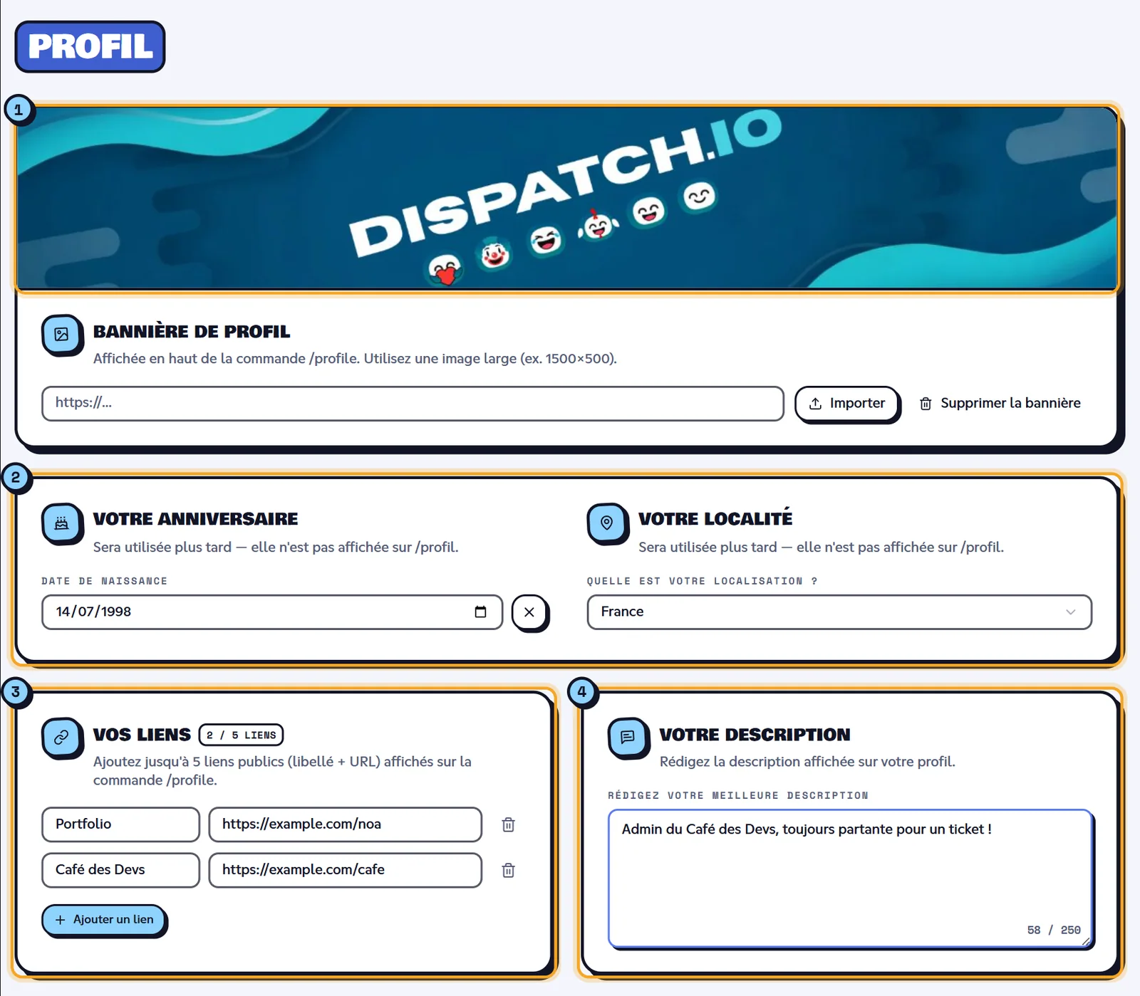 La section Profil : la bannière (1), l'anniversaire et le pays (2), les liens (3) et la description (4). Section Profil remplie avec une bannière, une date, un pays, des liens et une description