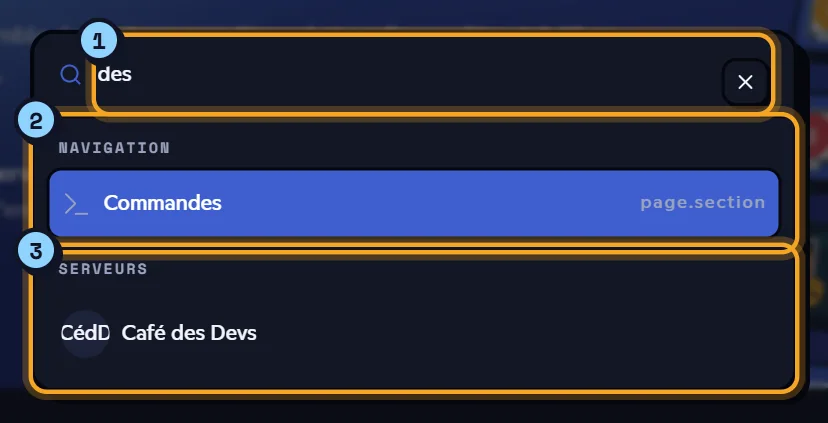 Fenêtre de recherche avec des pages et des serveurs
