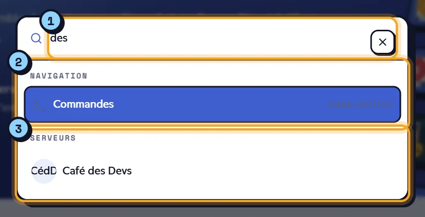 Fenêtre de recherche avec des pages et des serveurs
