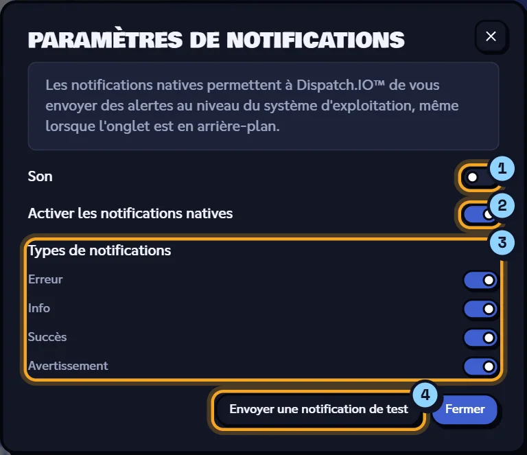 Fenêtre Paramètres de notifications avec les types de notifications