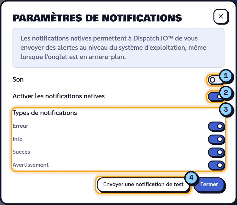 Fenêtre Paramètres de notifications avec les types de notifications