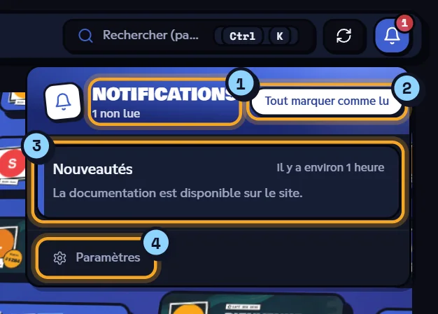 Panneau des notifications ouvert sous la cloche