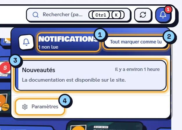 Panneau des notifications ouvert sous la cloche