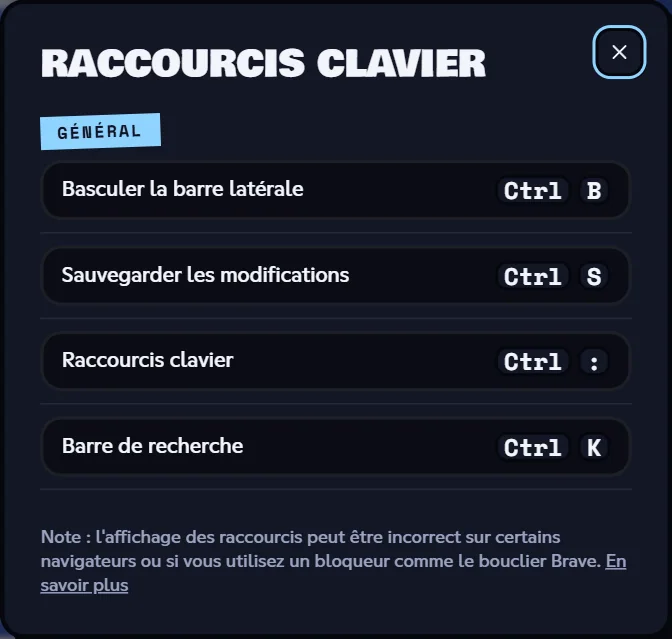 Fenêtre Raccourcis clavier avec la liste des raccourcis