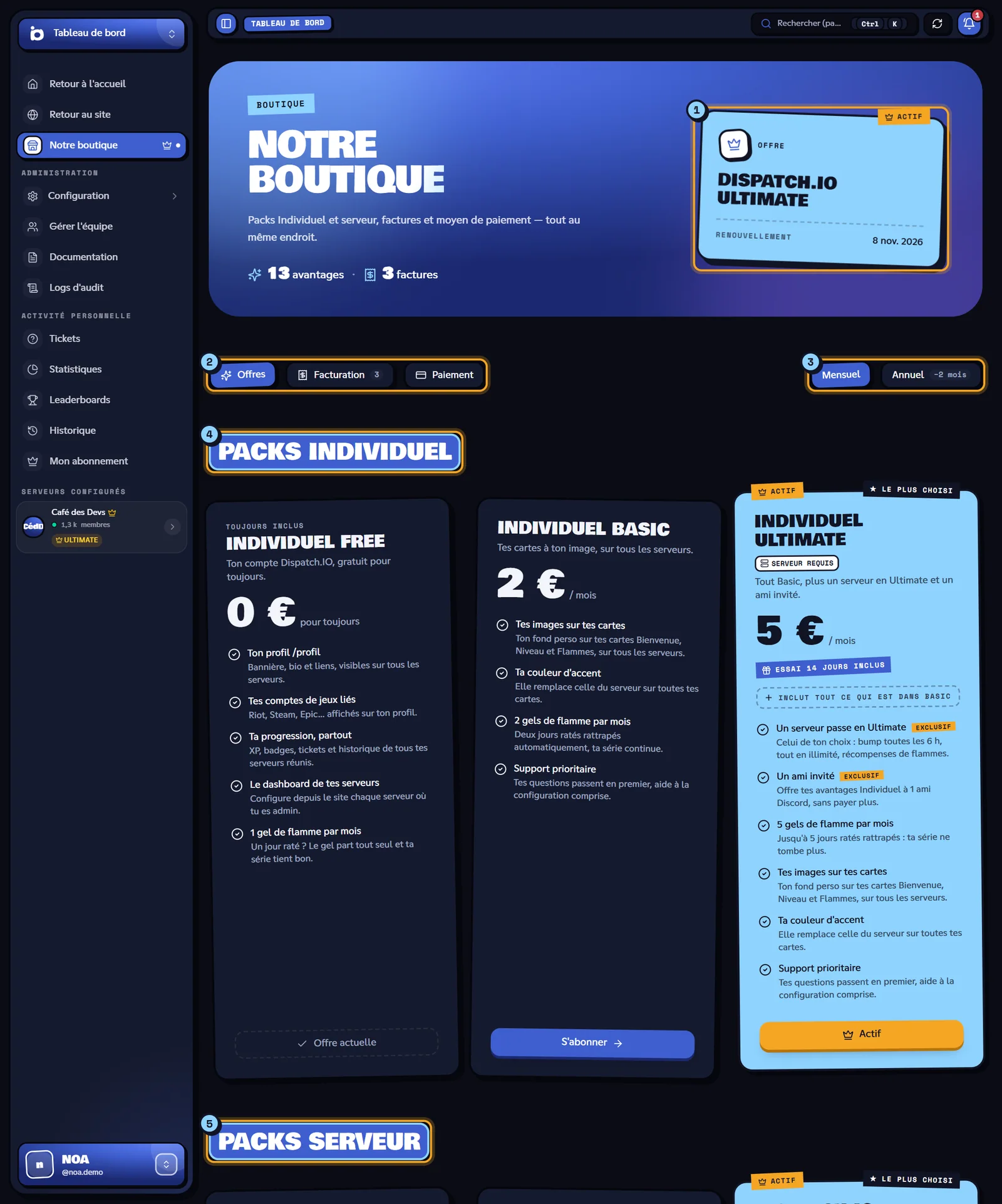 La boutique : ton offre actuelle (1), les onglets (2), le choix Mensuel ou Annuel (3), les Packs Individuel (4) et les Packs serveur (5). Page Notre boutique avec l'offre actuelle, les onglets et les packs