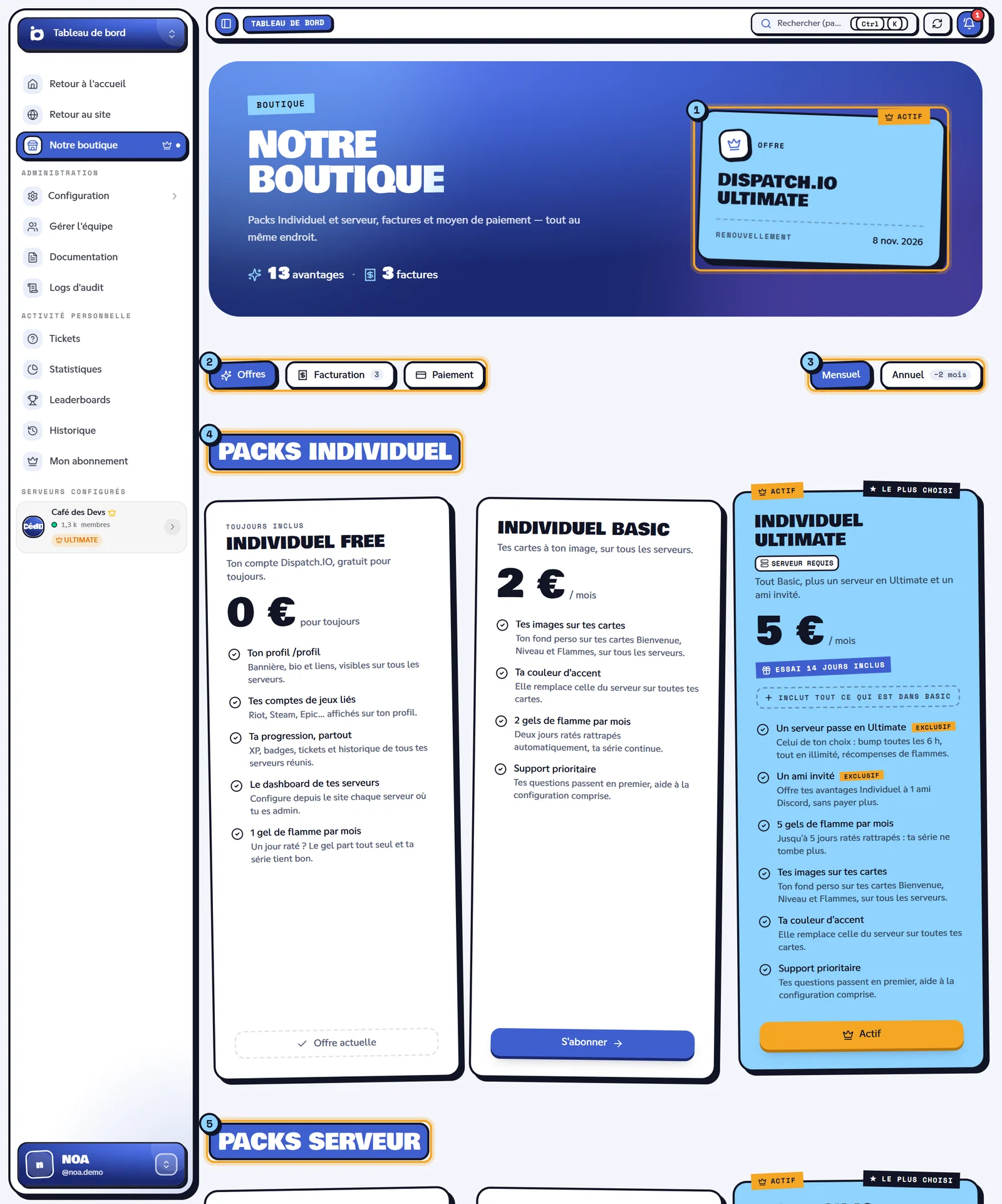 La boutique : ton offre actuelle (1), les onglets (2), le choix Mensuel ou Annuel (3), les Packs Individuel (4) et les Packs serveur (5). Page Notre boutique avec l'offre actuelle, les onglets et les packs