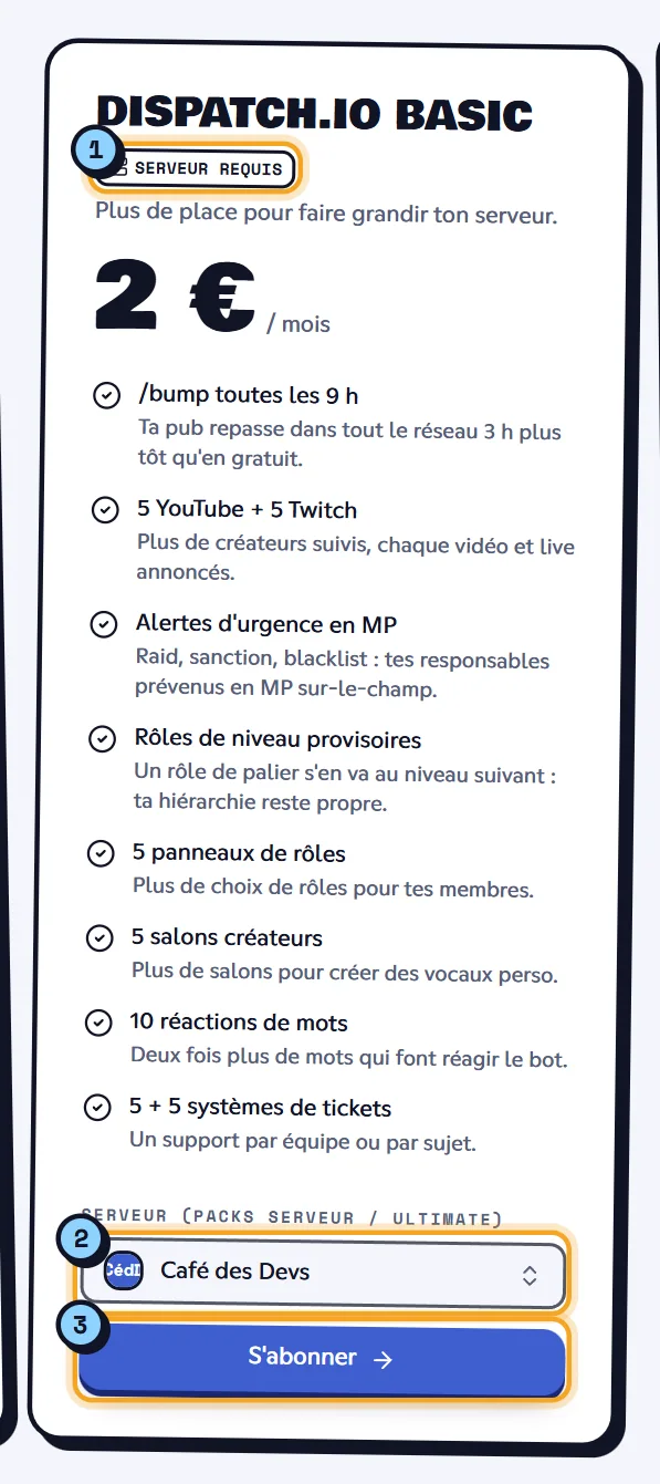 Une offre serveur : le badge Serveur requis (1), le choix du serveur (2) et le bouton S'abonner (3). Carte de l'offre Dispatch.IO Basic avec le choix du serveur