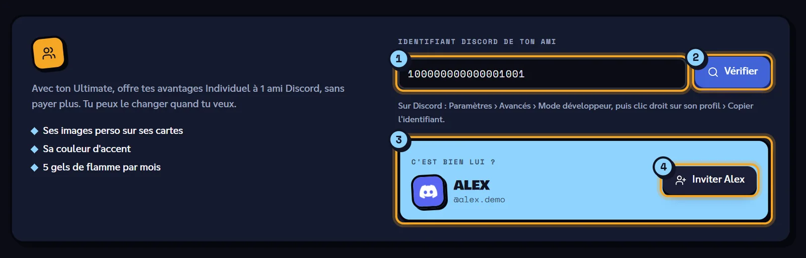 Inviter un ami : l'identifiant (1), le bouton Vérifier (2), la confirmation du profil (3) et le bouton Inviter (4). Carte Inviter un ami avec la confirmation du profil d'Alex