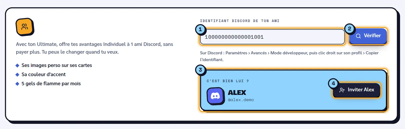 Inviter un ami : l'identifiant (1), le bouton Vérifier (2), la confirmation du profil (3) et le bouton Inviter (4). Carte Inviter un ami avec la confirmation du profil d'Alex