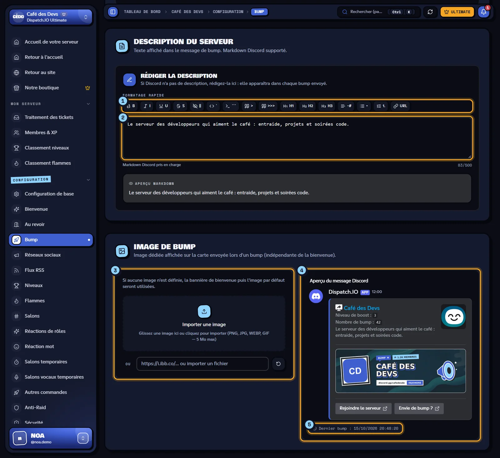 La description, l'image et l'aperçu du bump. Description du serveur, image de bump et aperçu du message Discord