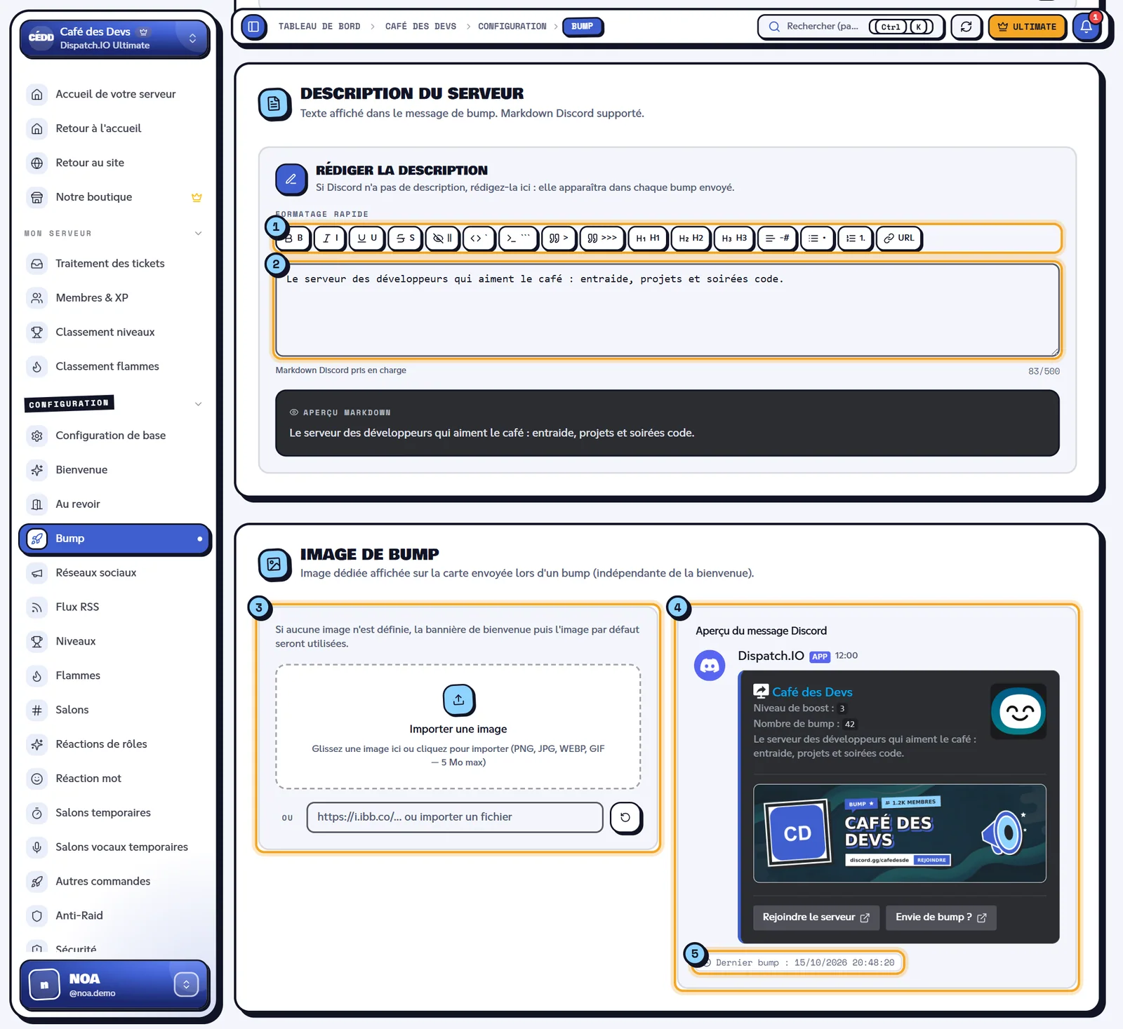 La description, l'image et l'aperçu du bump. Description du serveur, image de bump et aperçu du message Discord
