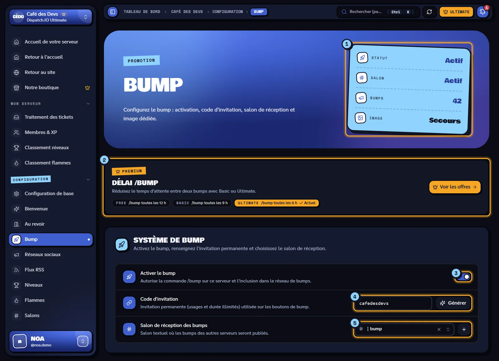 La page Bump du serveur Café des Devs. Page Bump avec les indicateurs, le bandeau du délai /bump et le système de bump