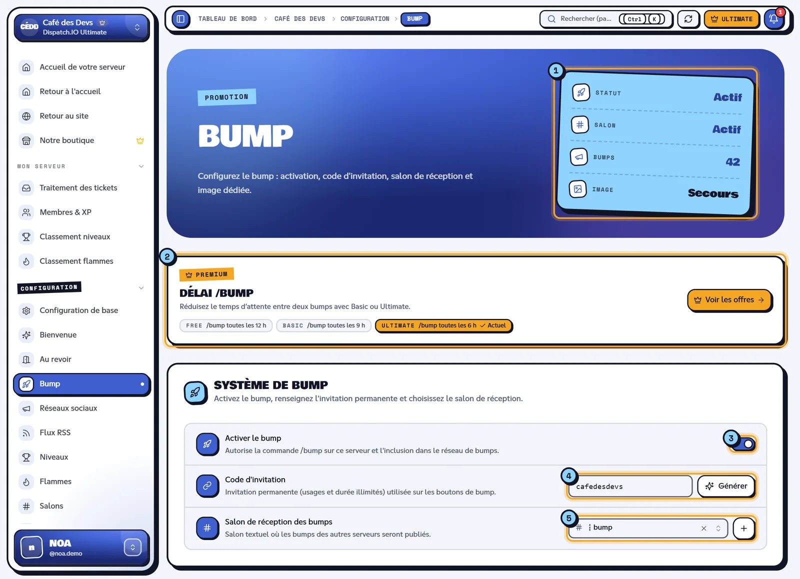 La page Bump du serveur Café des Devs. Page Bump avec les indicateurs, le bandeau du délai /bump et le système de bump
