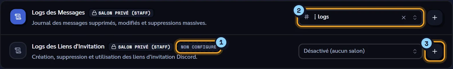 Une ligne configurée et une ligne « Non configuré » avec son bouton +. Deux lignes de la page Salons : un salon configuré et un type non configuré avec le bouton +