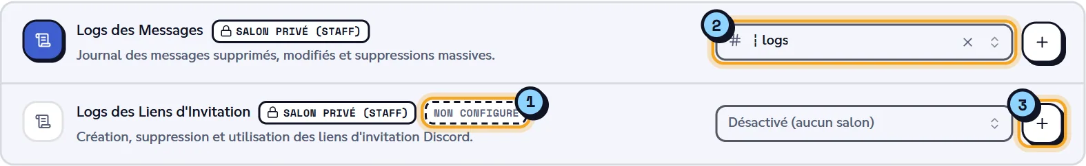 Une ligne configurée et une ligne « Non configuré » avec son bouton +. Deux lignes de la page Salons : un salon configuré et un type non configuré avec le bouton +